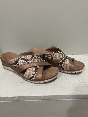 Barestraps Bronze Women's Taupe Snake-Print Crisscross Slide Sandals